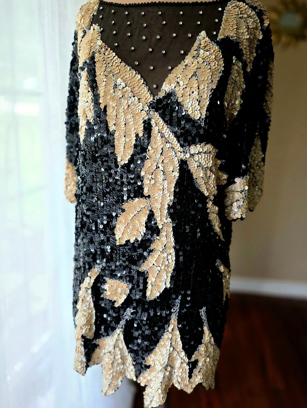 Vintage Lillie Rubin 100% Silk Sequin Beaded Top M Black Champagne Rhinestone